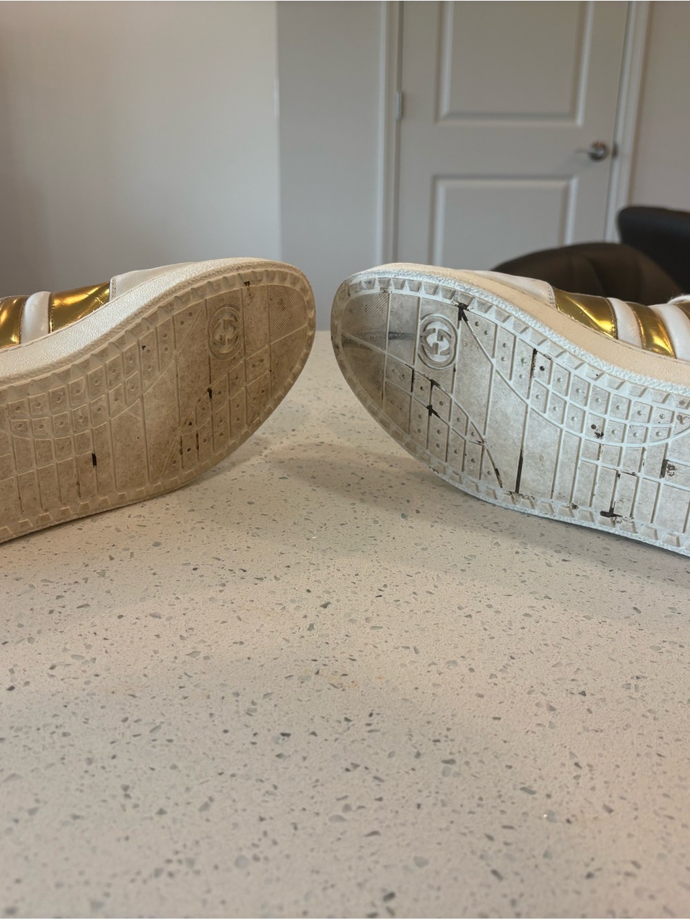 Gucci White Leather High-Top Sneakers with Metallic Gold Panels - Picture 6 of 9